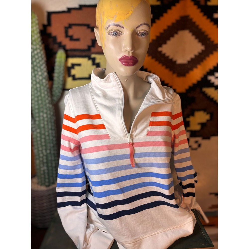 T by Talbots Quarter Zip Pullover Womens P White Multi Stripe Mock Neck Top